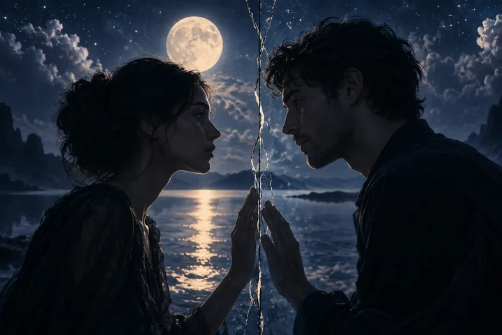 Two silhouetted profiles face each other on opposite sides of a jagged vertical divide, with a crescent moon and moonlit water behind them.
