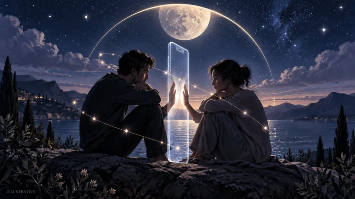 Two figures sit beneath an illustrative moonlit synastry chart, with a glowing phone between them and space on both sides for trust and privacy.