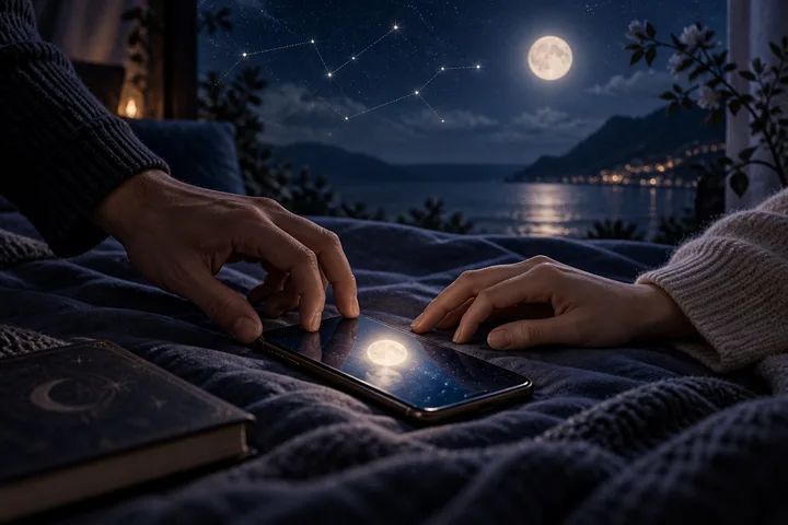 Two hands rest apart beside a phone under moonlight, with constellation-like lines suggesting repair and personal boundaries.
