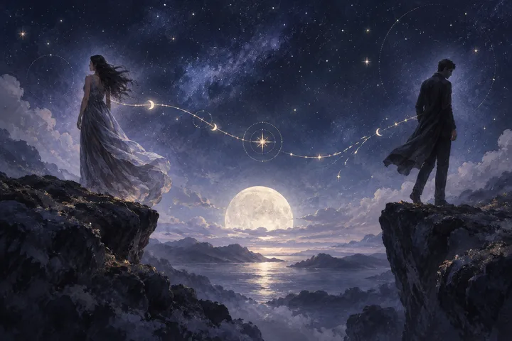 Two silhouetted people stand on separate cliffs above a moonlit sea, connected by a glowing line of stars beneath a star-filled sky.
