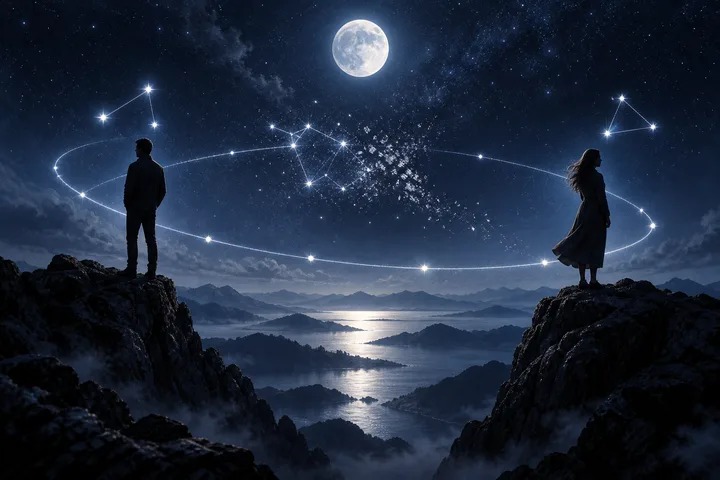 Two silhouetted people stand on rocky cliffs across a misty lake, with a full moon and a wide glowing constellation-like arc between them.