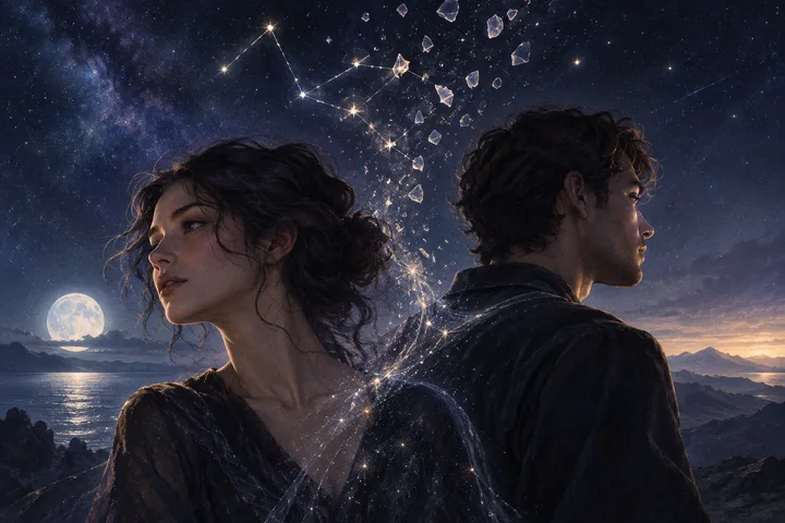 A woman and a man face opposite directions in the foreground, with sparkling fragments and star patterns between them against a moonlit mountain landscape.