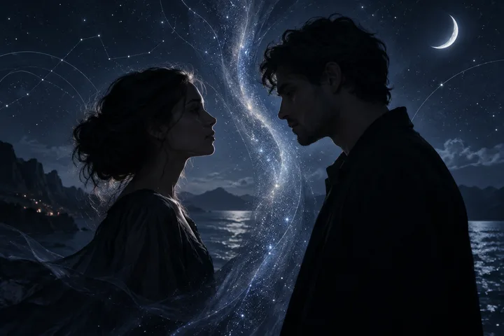A woman and a man face each other beside dark water, separated by a vertical stream of glowing stars under a crescent moon.