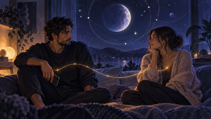 Two partners sit apart in a moonlit indigo room, a lowered phone in one hand and a warm thread of light connecting them beneath an illustrative night sky.