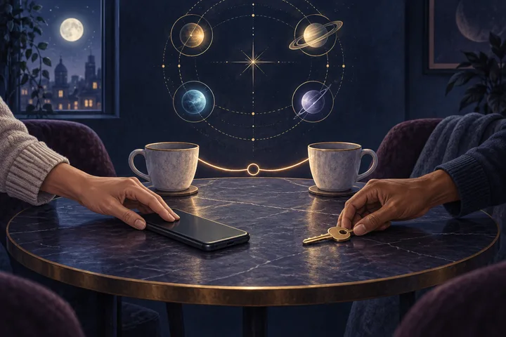 Two people arrange a closed smartphone, a key, and separate cups on a moonlit table, joined by a warm line beneath an illustrative four-point celestial diagram.