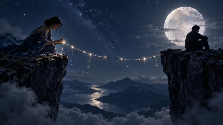 Two silhouetted people sit on separate cliffs at night, connected by a strand of glowing lights above a mountain lake, with a full moon behind one person.