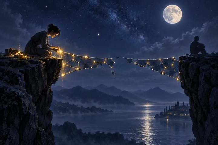 A seated person repairs a sagging web of glowing lights between two cliffs while another person sits on the opposite cliff; a full moon shines over a lake and mountains.