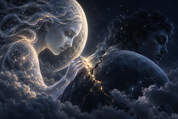 A luminous figure reaches toward a dark, star-speckled figure with a glowing crack between them, surrounded by clouds beneath a large moon.