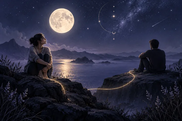 Two people sit apart beneath a full moon beside a dark indigo lake, connected by a softly glowing path across the rocks.