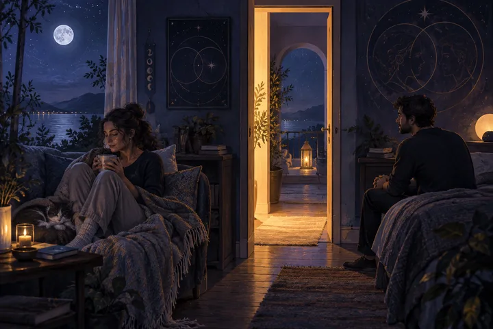 Two people take quiet space in adjoining rooms at night while an open, warmly lit doorway creates a clear path back to connection.