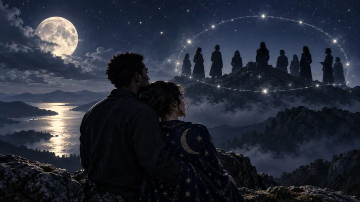 A couple sits beneath a full moon while a chosen family stands apart behind a starry veil, showing love under social disapproval.