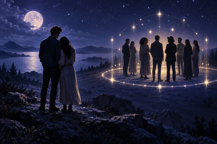A couple stands beside a glowing celestial arc while a distant group watches, illustrating belonging, boundaries, and public choice.