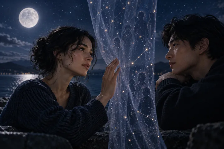 Two hands reach across a luminous constellation arc toward each other, while a family group remains in shadow behind them.