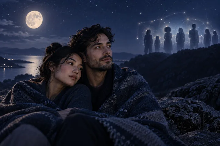 A couple faces each other through a translucent star-patterned veil, meeting hands beneath the moon as a sign of shared commitment.
