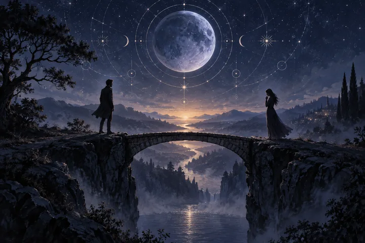 Two people stand at opposite ends of a moonlit stone bridge beneath an illustrative celestial chart, facing a glowing horizon.