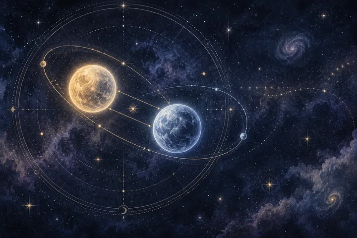 Two luminous celestial orbs travel along distinct paths connected by delicate illustrative aspect lines in an indigo star field.