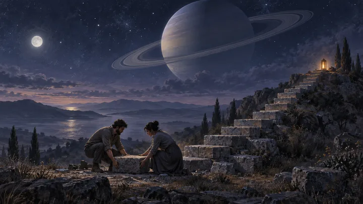 Two people place a foundation stone together beside an unfinished stairway rising toward a warm light beneath a ringed planet.