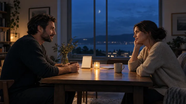 Two people sit across a wooden table at blue hour, sharing an attentive conversation with a moonlit view beyond the window.