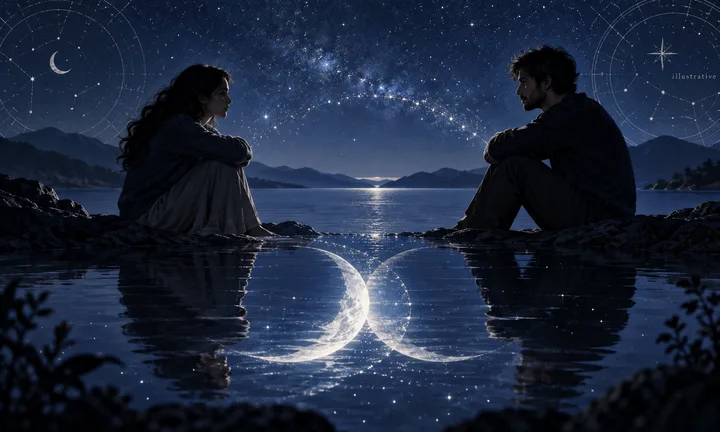 Two partners sit across a table at night, each surrounded by a different moonlit memory while a warm line of light connects them, suggesting repair and shared understanding.