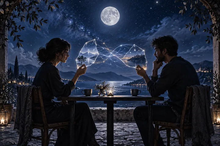 Two pairs of hands work over an open notebook, moving from fragmented moonlit memories on one page toward a connected glowing repair pattern on the other.