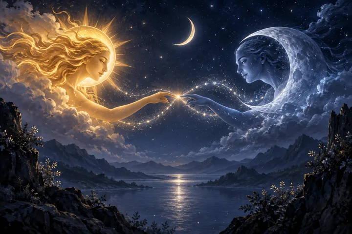 A golden, sunlike figure and a blue, moonlike figure reach toward each other over a starry lake beneath a crescent moon.