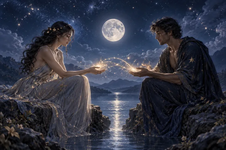 A woman and a man sit across from each other by a moonlit lake, reaching toward glowing golden arcs beneath a starry sky.