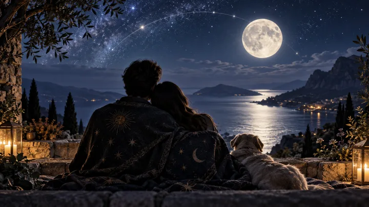 Two figures and a dog sit beneath a starry sky, facing a moonlit lake from a stone terrace.