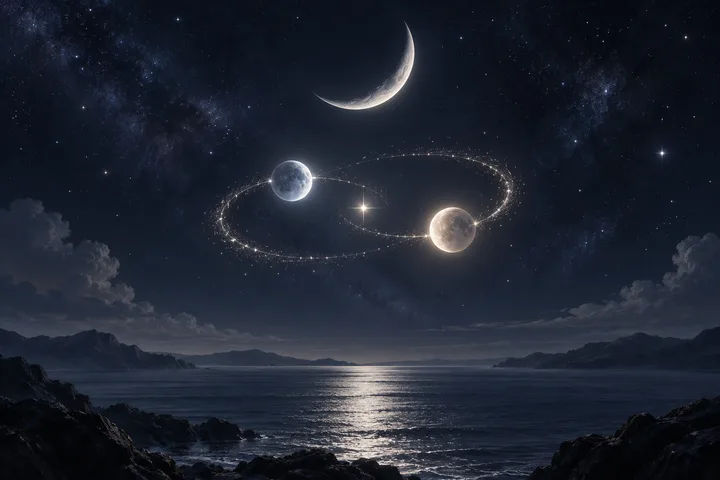 A crescent moon and two glowing spheres sit within sparkling elliptical paths above a starry ocean, with dark mountains along the horizon and moonlight reflected on the water.