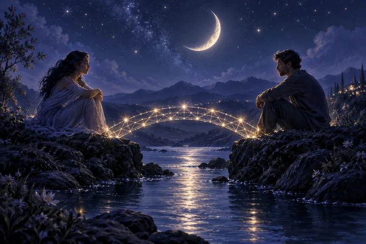 Two people sit facing each other on rocky banks beside a moonlit stream, with a glowing arc of connected lights between them under a crescent moon and stars.