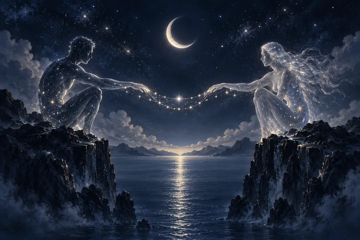 Two luminous figures reach toward each other across a moonlit sea, with stars forming a bridge between them.