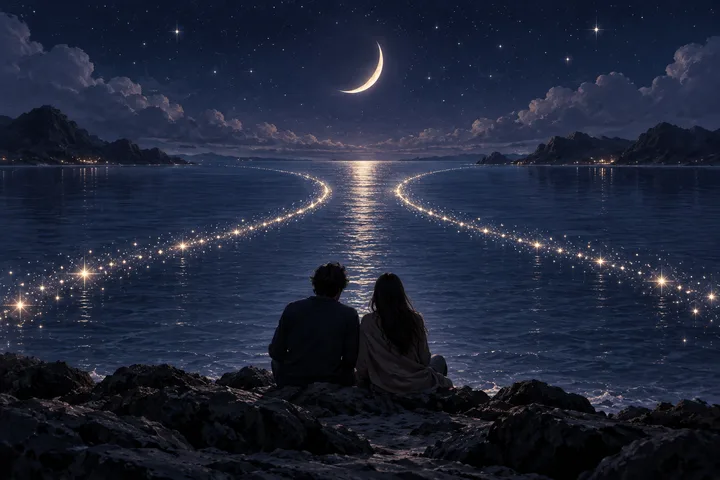 Two people sit on a rocky shore beneath a crescent moon, facing a starry sea crossed by two curving trails of light.