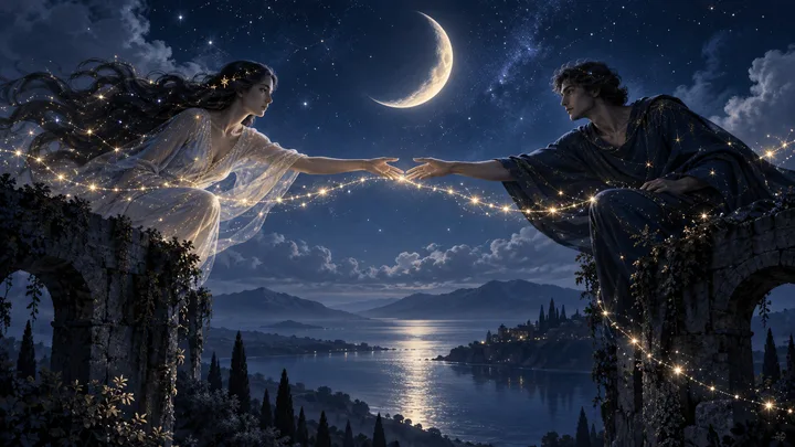Two robed figures reach toward each other across a glowing strand above a moonlit lake, with a crescent moon and stars overhead.