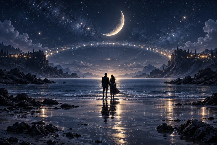 Two figures stand on a moonlit shore beneath a crescent moon and a glowing arc of stars.