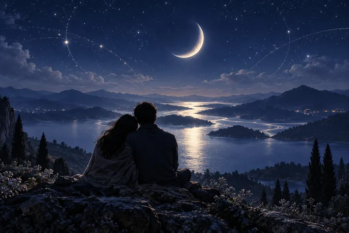Two seated figures look across a moonlit lake beneath a crescent moon and starry sky.