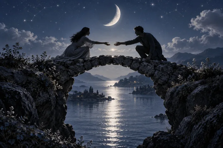 Two figures crouch on opposite sides of a stone bridge, reaching toward each other above a lake beneath a crescent moon and stars.