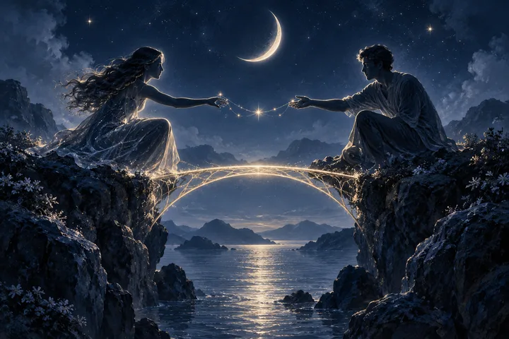 Two figures reach toward each other across a glowing bridge above the water beneath a crescent moon.