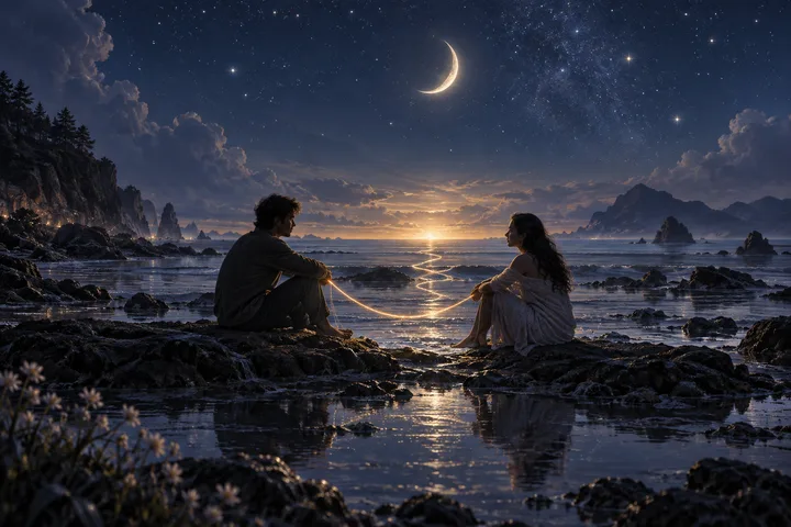 Two people sit facing each other on a rocky shore at night, with a glowing line between them, a crescent moon and stars above the sea.