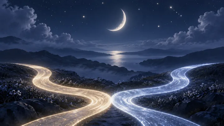 Two glowing paths, one gold and one blue, curve together across a flowered hillside beneath a crescent moon and starry sky.