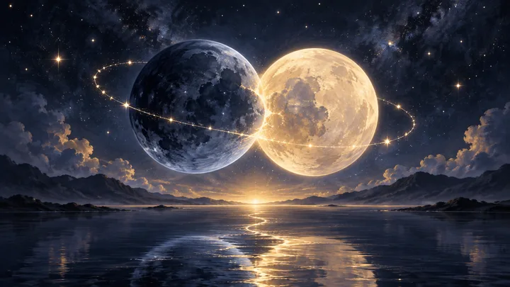 Two large, overlapping dark blue and golden moons glow above a mountain lake, with a starry sky and their light reflected on the water.