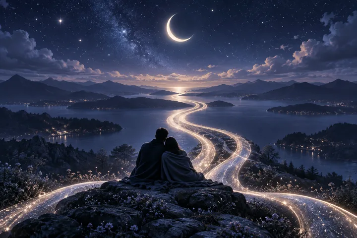 Two cloaked figures sit together on a rocky overlook above a lake as a glowing winding path leads toward distant mountains beneath a crescent moon and starry sky.