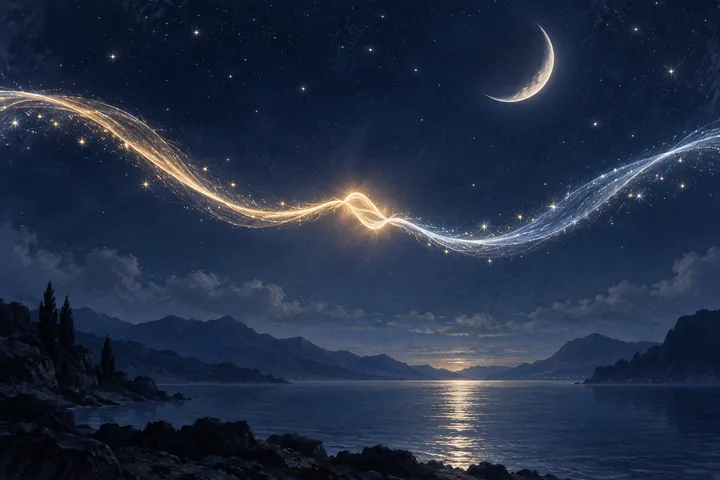 Golden and silver light trails meet above a quiet mountain lake beneath an abstract indigo sky, symbolizing mutual care.