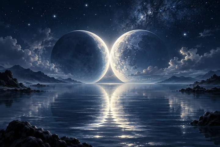 Two large, adjoining moons glow over a still lake, their light reflected beneath a starry sky and distant mountains.