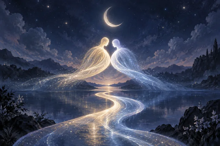 Two glowing, human-shaped forms, one gold and one pale blue, face each other above a lake as their light trails wind together beneath a crescent moon.