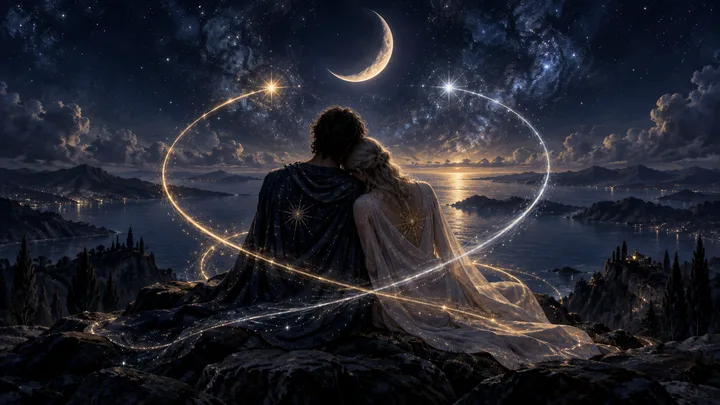 Two figures sit on a rocky overlook beneath a crescent moon and starry sky, surrounded by sweeping arcs of light.