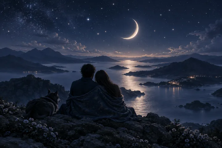 Two people and a dog sit on a rocky overlook beneath a crescent moon, looking across a moonlit bay.