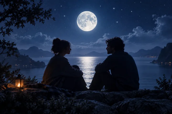 Two glowing planetary orbits cross above a calm moonlit lake, suggesting a deep connection being tested for steadiness.