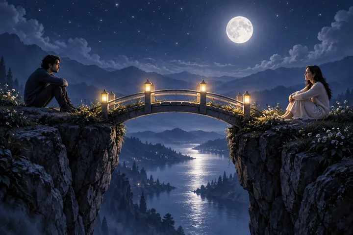 Two people sit apart beneath a full Moon with a lit bridge between them, illustrating trust built through mutual approach.