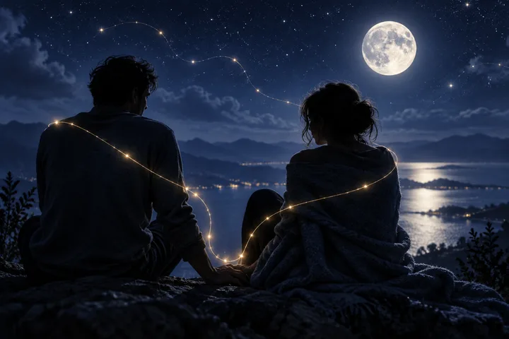 Two figures face each other beneath the Moon while a thread of light joins their hands, evoking intimate mutual care.