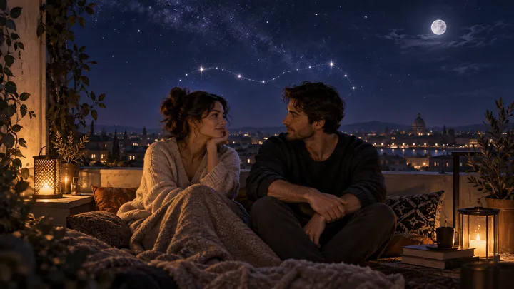 Two people share a quiet, warm conversation on a moonlit rooftop beneath a subtle arc of stars above a glowing city.
