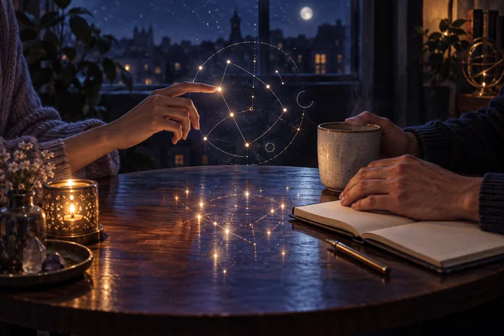 Two people’s hands meet across a moonlit wooden table beside a glowing abstract constellation, a ceramic cup, and an open blank notebook.